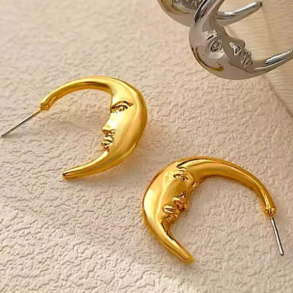 Gold Plated Moon Hoop Minimalist Earrings Earrings - Picture 3 of 6